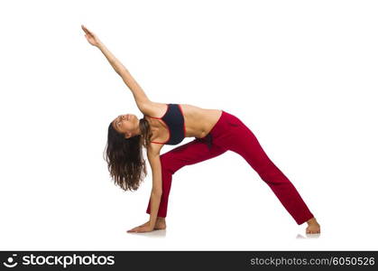 Young woman doing exercises on white