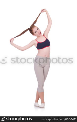 Young woman doing exercises on white