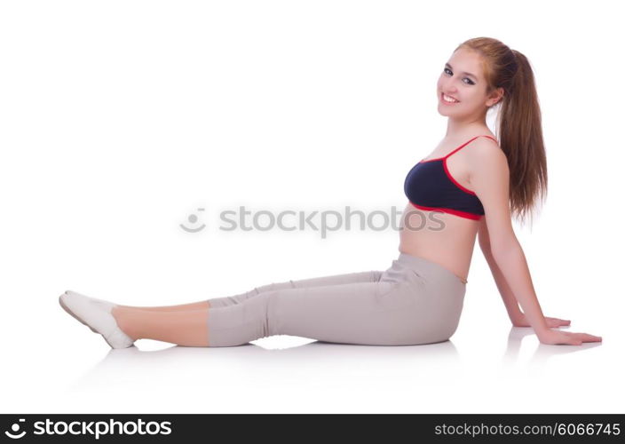 Young woman doing exercises on white