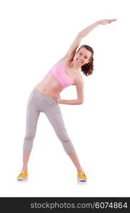 Young woman doing exercises on white