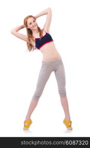 Young woman doing exercises on white