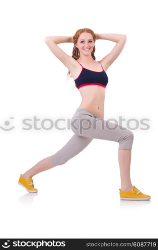 Young woman doing exercises on white