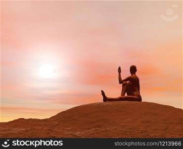 Young woman doing marichi&rsquo;s pose, marichyasana 3 while practicing yoga outside in front of sunset