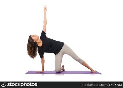 Young woman doing sport exercises isolated on white
