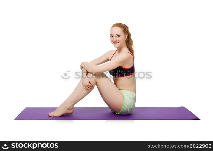 Young woman doing sport exercises isolated on white