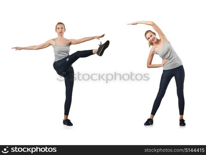 Young woman doing sports isolated on white