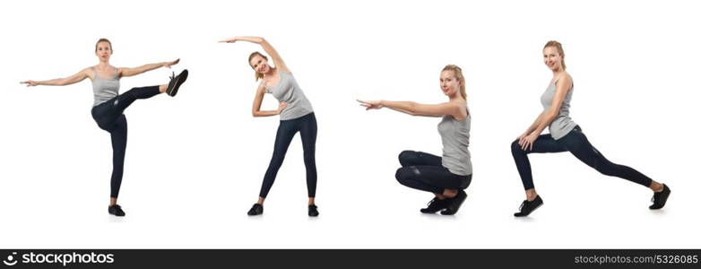 Young woman doing sports isolated on white