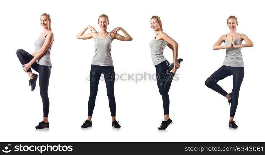 Young woman doing sports isolated on white