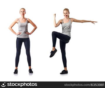 Young woman doing sports isolated on white