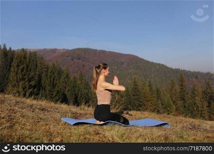 Young woman doing stretching exercises on nature in mountains. Sports girl practicing yoga pose in leggings. beautiful forest landscape.. Young woman doing stretching exercises on nature in mountains. Sports girl practicing yoga pose in leggings. beautiful forest landscape