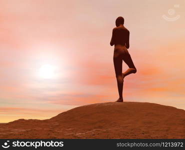 Young woman doing tree pose, vrikshasana while practicing yoga outside in front of sunset