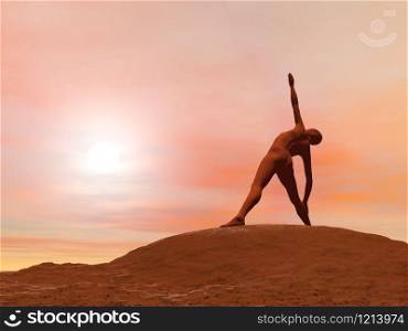 Young woman doing triangle pose, trikonasana while practicing yoga outside in front of sunset