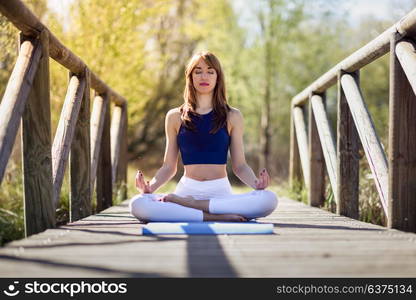 Young woman doing yoga in nature. Female wearing sport clothes in lotus figure.