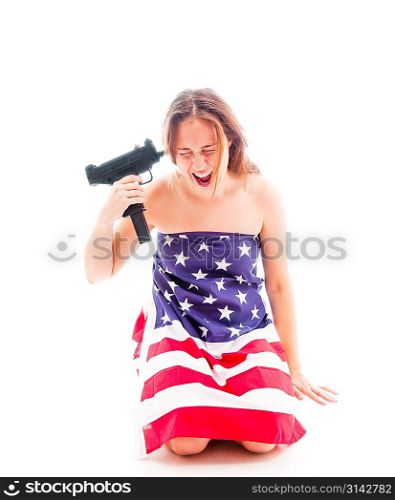 Young woman dress in american flag is going to commit suicide