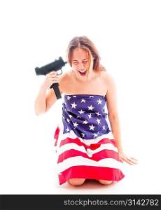 Young woman dress in american flag is going to commit suicide