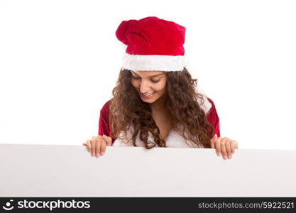 Young woman dress in Christmas costume, presenting your product