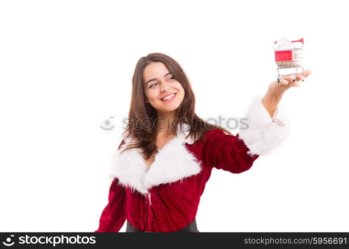 Young woman dress in Christmas costume, presenting your product