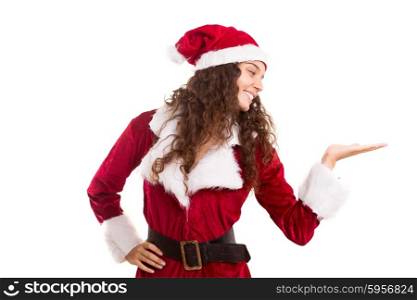 Young woman dress in Christmas costume, presenting your product