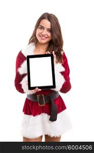 Young woman dress in Christmas costume, presenting your product
