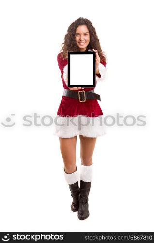 Young woman dress in Christmas costume, presenting your product on a tablet computer