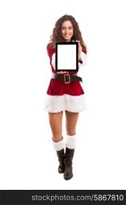Young woman dress in Christmas costume, presenting your product on a tablet computer
