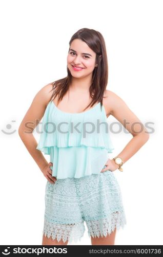 Young woman dressed for summer, isolated over white