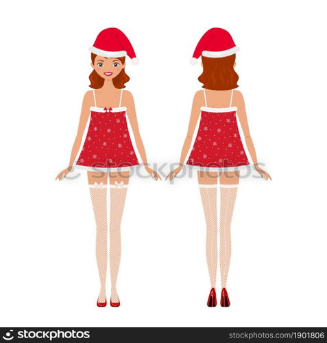 Young woman dressed in Christmas underwear. Front and back views. Cartoon flat style. Vector illustration