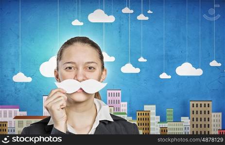 Young woman dressed up in suit and wearing fake mustache. Woman with mustache