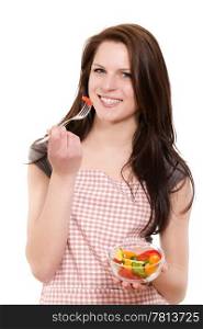young woman eating salad. happy beautiful young woman eating salad on white background