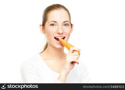 young woman eating the carrot, over white background