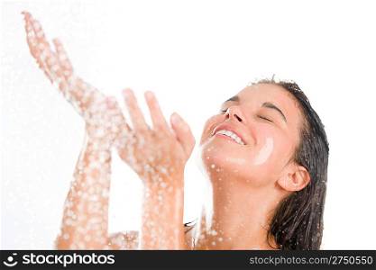 Young woman enjoy shower on white background