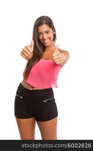 Young woman expressing positivity, isolated over white