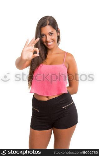 Young woman expressing positivity, isolated over white
