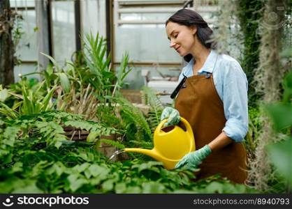 Young woman florist caring flower plants watering green shoots from plastic can at greenhouse. Farming or gardening concept. Young woman watering flower plants using garden tools