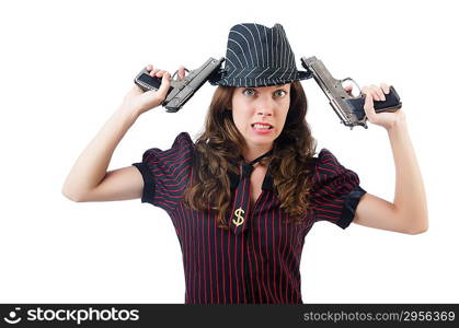 Young woman gangster with gun on white