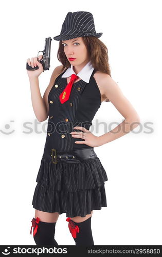 Young woman gangster with gun on white