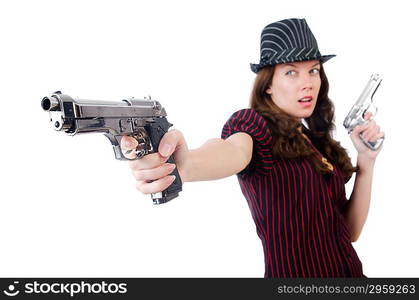 Young woman gangster with gun on white