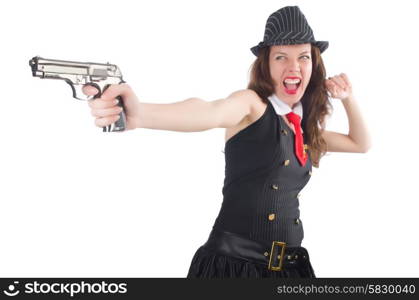 Young woman gangster with gun on white