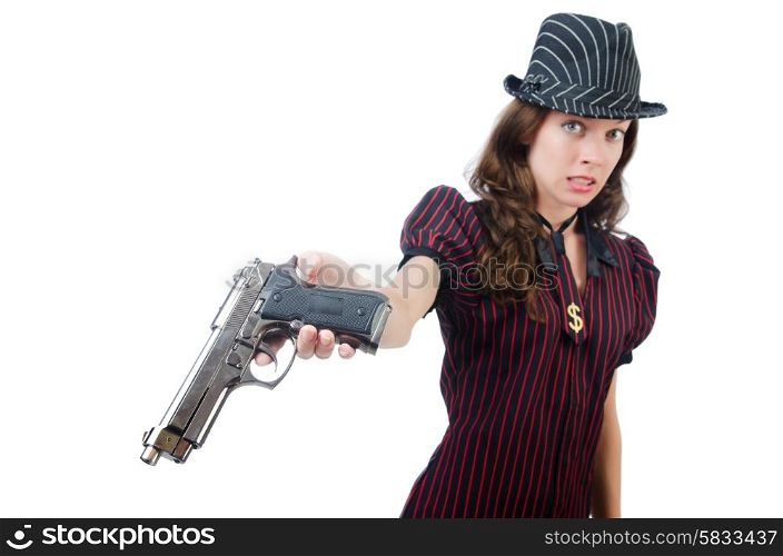 Young woman gangster with gun on white