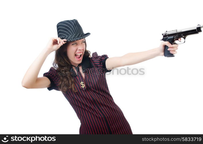 Young woman gangster with gun on white