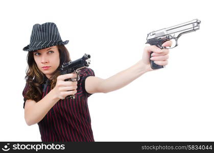 Young woman gangster with gun on white