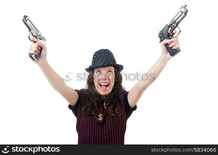 Young woman gangster with gun on white