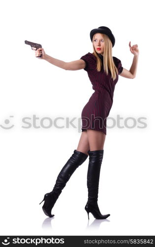 Young woman gangster with gun on white