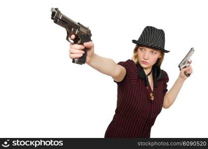 Young woman gangster with gun on white