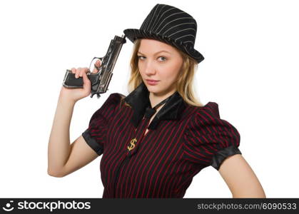 Young woman gangster with gun on white