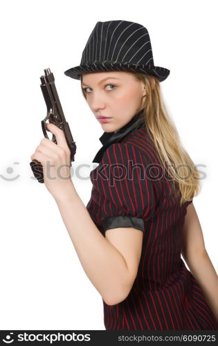 Young woman gangster with gun on white