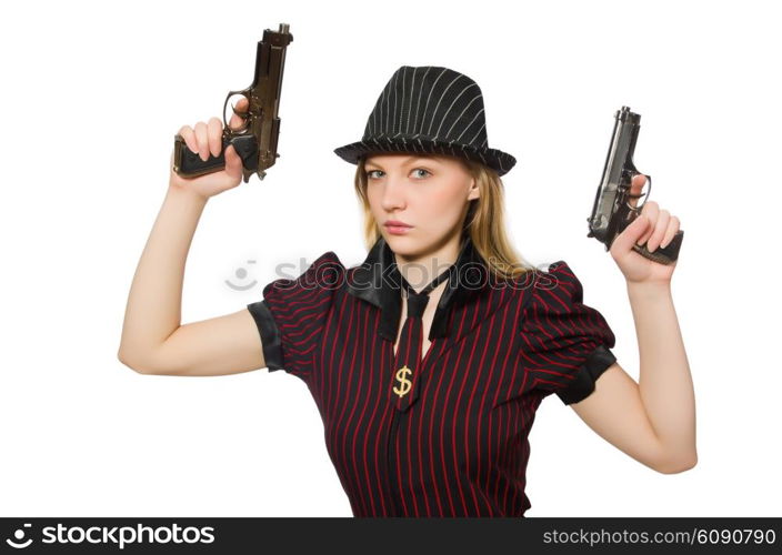 Young woman gangster with gun on white