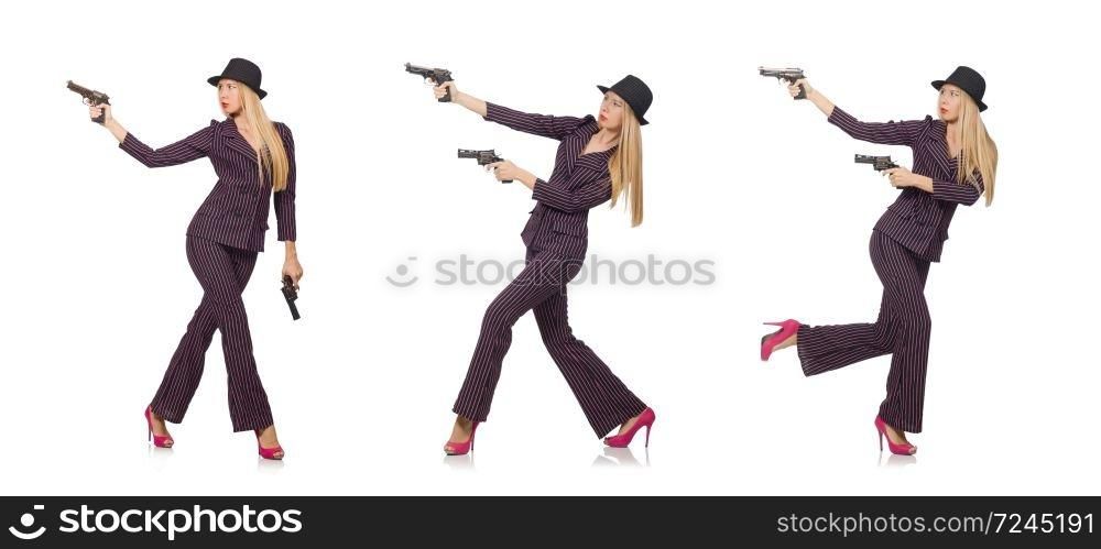 Young woman gangster with gun on white. The young woman gangster with gun on white