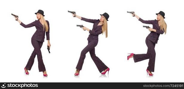 Young woman gangster with gun on white. The young woman gangster with gun on white