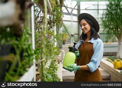 Young woman gardener caring plants treating flowers with chemicals from pulverizer sprayer. Greenhouse work. Young woman gardener caring plants treating flowers with chemicals